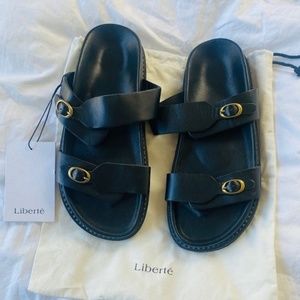 Liberte Amalfi Double Strap Black Leather Sandals With Adjustable Brass Buckles